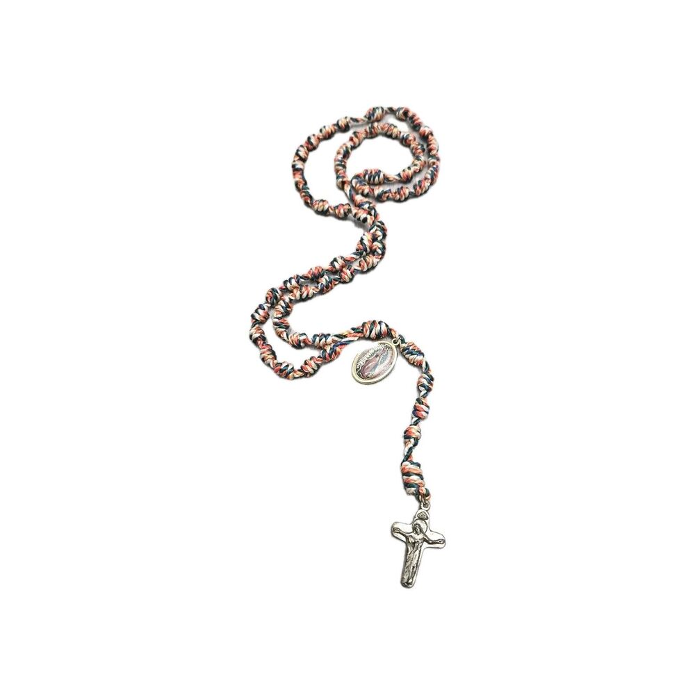 Vintage Multicolored Knotted Cord Rosary Cross Medallion Pray For Us Necklace